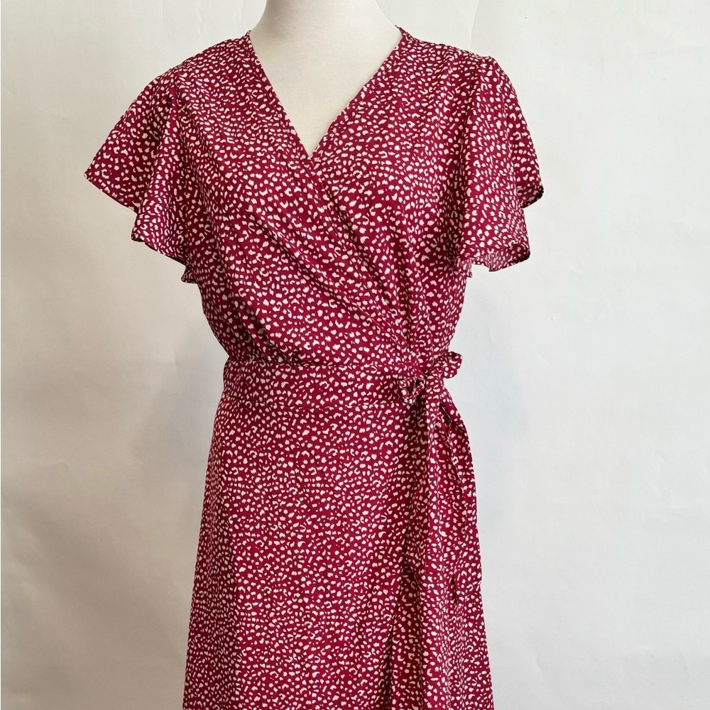 Red Ruffled Wrap Midi Dress Size S/M - Picture 2 of 9